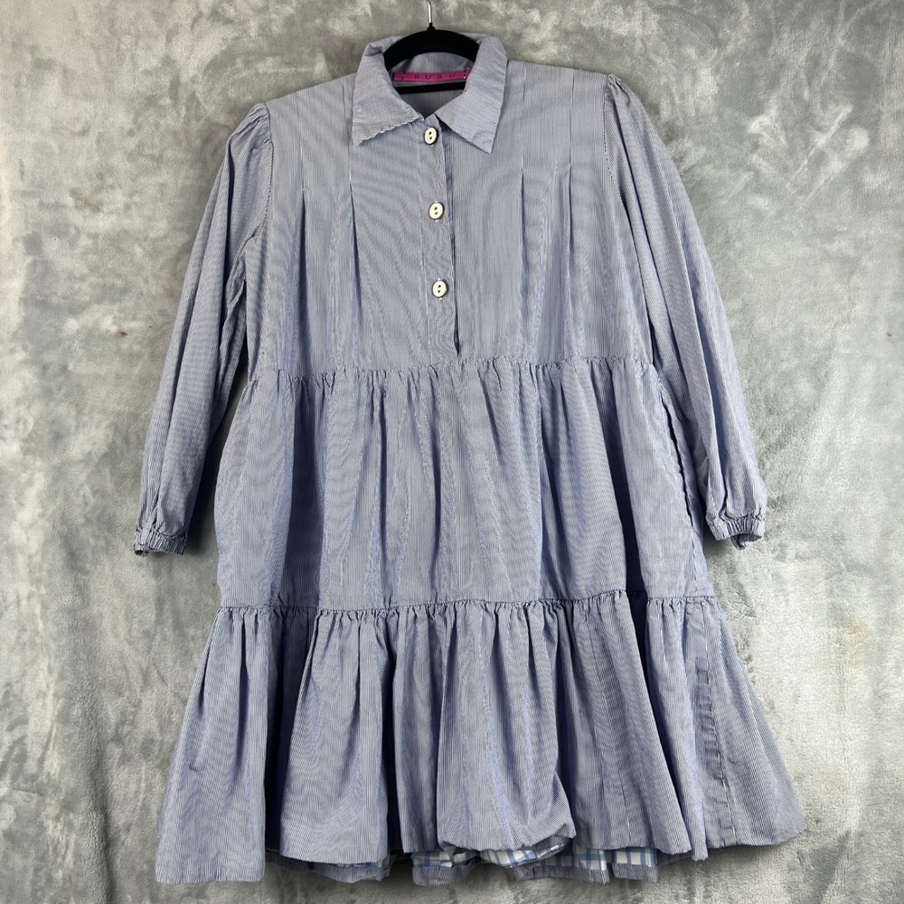 BURU Dress  Blue White Pinstripe Tiered Mini Long Sleeve Collared Button Front - Picture 7 of 11